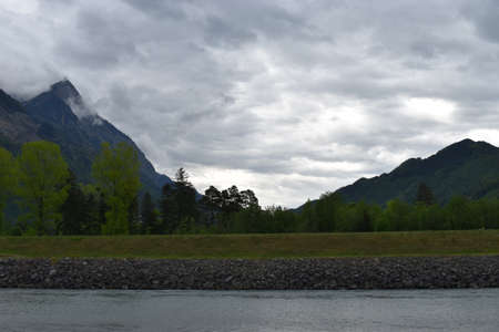View over the rhine river at the border between Switzerland and Liechtenstein 30.4.2020の写真素材