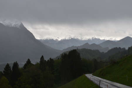 Bad weather in the mountainous area in Switzerland 2.5.2020の写真素材