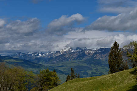 Fascinating scenery of the rhine valley in Switzerland seen from Triesenberg in Liechtenstein 4.5.2020の写真素材