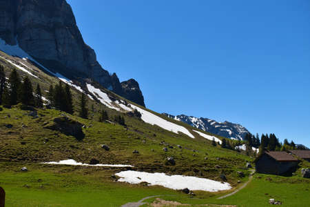 Fantastic panorama to the Alpstein mountains in Switzerland 7.5.2020の写真素材