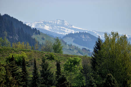 Snow covered mountains during a road trip to the Oberalppass in Switzerland 8.5.2020の写真素材
