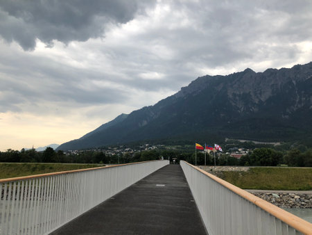 Crossing the rhine river at the border to Liechtenstein and Switzerland 6.7.2019の写真素材