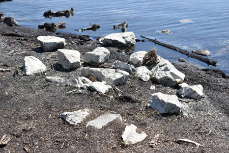 Stones at the coast of the Sihlsee in Switzerland 18.5.2020の写真素材