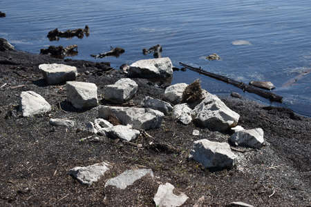 Stones at the coast of the Sihlsee in Switzerland 18.5.2020の写真素材