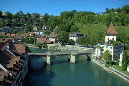 Crossing the Aare river in Bern in Switzerland on a beautiful day in spring 21.5.2020のeditorial素材