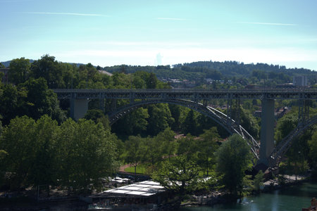 Crossing the Aare river in Bern in Switzerland on a beautiful day in spring 21.5.2020のeditorial素材