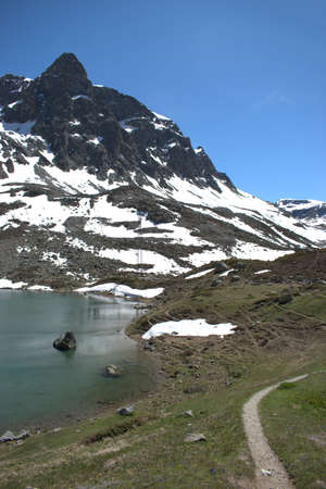 Lake view in the alps at the Julierpass in Switzerland 27.5.2020