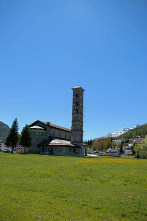 Tower of a church on a beautiful day in Saint Moritz in Switzerland 27.5.2020