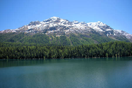 Lake view and alpine scenery at the lake of Saint Moritz in Switzerland 27.5.2020