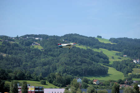 Spotting a Maule M5 airplane during take off at the aerodrome Saint Gallen Altenrhein in Switzerland...