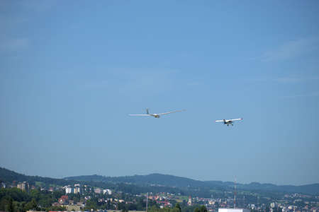 Spotting a Maule M5 airplane during take off at the aerodrome Saint Gallen Altenrhein in Switzerland 10.7.2020のeditorial素材