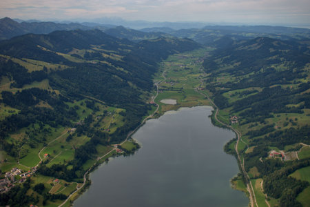 Exploring the beautiful countryside of south Germany from above 28.8.2020の写真素材