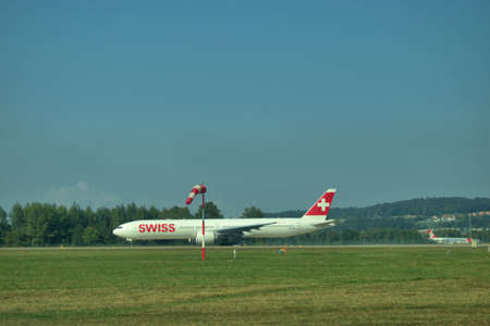 Spotting a Swiss Boeing 777 aircraft at the international airport in Zurich in Switzerland 17.9.2020のeditorial素材