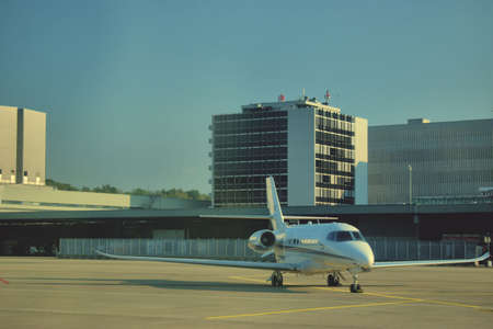 Gulfstream G550 airplane is parking on the apron at the Zurich international airport in Switzerland...
