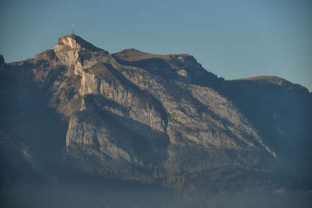 Alpine view over the rhine valley of Switzerland and Liechtenstein from Planken 11.11.2020の写真素材