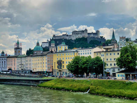 Idyllic Salzach river in the center of Salzburg in Austria 10.6.2018のeditorial素材