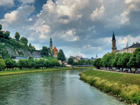 Idyllic Salzach river in the center of Salzburg in Austria 10.6.2018のeditorial素材