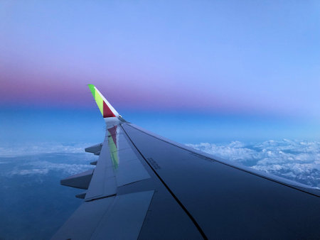 Colorful evening mood seen from a TAP Air Portugal aircraft in flight 24.3.2019のeditorial素材