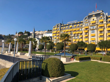 Yellow front of the Palace hotel in the city of Montreux in Switzerland 30.3.2019のeditorial素材