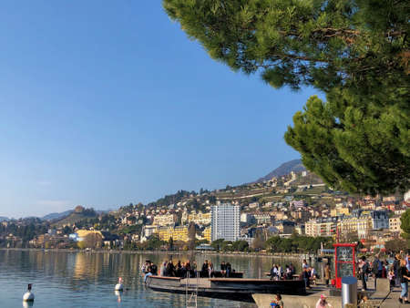 Waterfront at the lake of Geneva in Montreux in Switzerland 30.3.2019のeditorial素材