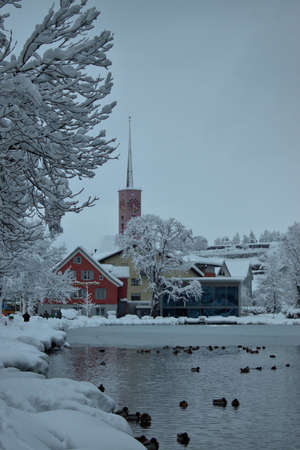 Tower of a catholic church in wintertime at the lake in Werdenberg in Switzerland 15.1.2021のeditorial素材