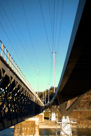 Below a bridge across the rhine river in Tamins in Switzerland 20.2.2021