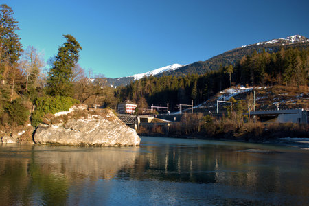 Majestic landscape at the rhine river in Tamins in Switzerland 20.2.2021のeditorial素材