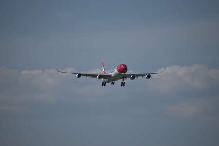Edelweiss Airbus A 340 313X aircraft on the final approach to the international airport in Zurich in Switzerland 24.4.2021のeditorial素材