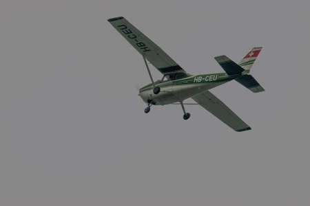 Cessna 172 aircraft is departing from the airport Saint Gallen Altenrhein in Switzerland 28.4.2021