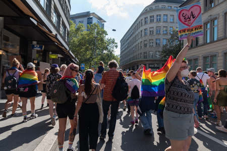 ZURICH, SWITZERLAND, SEPTEMBER 4, 2021 Peaceful protesters demonstrating for the rights of gay and...