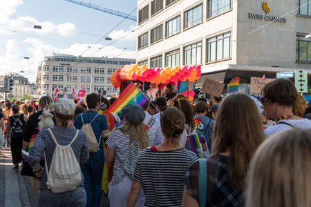 ZURICH, SWITZERLAND, SEPTEMBER 4, 2021 Peaceful protesters demonstrating for the rights of gay and...