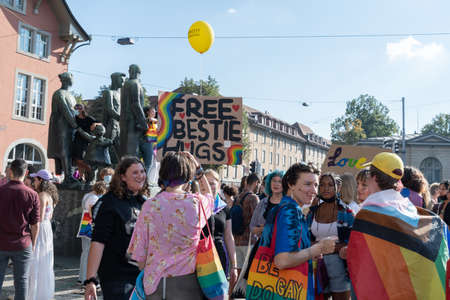 ZURICH, SWITZERLAND, SEPTEMBER 4, 2021 Peaceful protesters demonstrating for the rights of gay and...