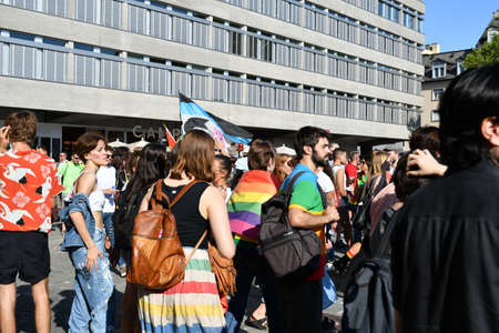 ZURICH, SWITZERLAND, SEPTEMBER 4, 2021 Peaceful protesters demonstrating for the rights of gay and lesbian people in the city centerのeditorial素材