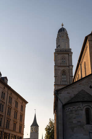 Zurich, Switzerland, September 4, 2021 Towers of the majestic Muenster church on a sunny dayの写真素材