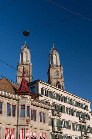 Zurich, Switzerland, September 4, 2021 Towers of the majestic Muenster church on a sunny dayのeditorial素材