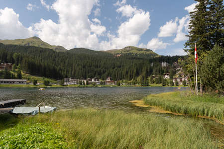 Arosa, Switzerland, August 15, 2021 Lake view in an idyllic alpine scenery