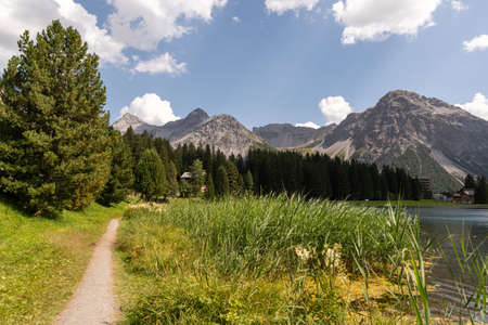 Arosa, Switzerland, August 15, 2021 Fantastic view over the mountains during a hikeのeditorial素材