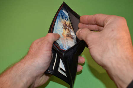 Taking off some one hundred swiss franc bills from a walletの写真素材