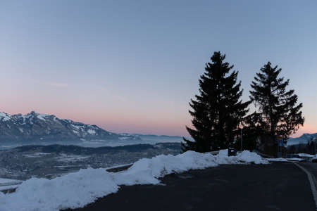 Planken, Liechtenstein, January 13, 2022 Terrific swiss mountain panorama and the rhine valley in...