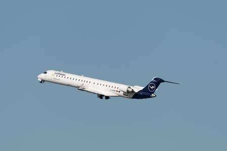 Zurich, Switzerland, February 10, 2022 Lufthansa Bombardier CRJ-900LR aircraft departing from runway...