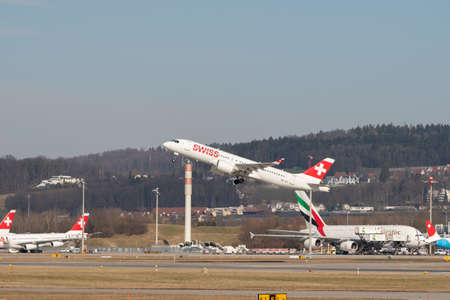 Zurich, Switzerland, February 10, 2022 Swiss Internationa Airlines Bombardier CS-300 aircraft is...