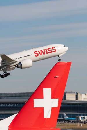Zurich, Switzerland, February 10, 2022 Swiss International Airlines Airbus A330-343 aircraft taking off from runway 16 at the international airportのeditorial素材