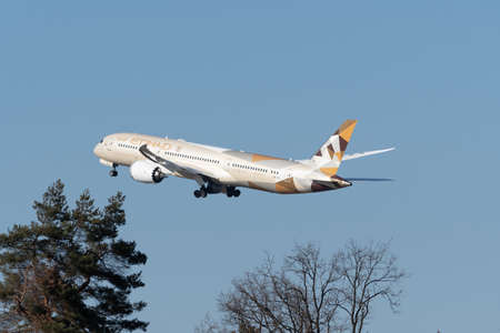 Zurich, Switzerland, February 10, 2022 Etihad Boeing 787-9 airplane is taking off from runway 28 at...