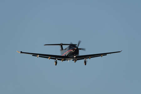 Saint Gallen, Altenrhein, Switzerland, February 9, 2022 Pilatur PC-12 aircraft on its final approach...