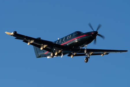 Saint Gallen, Altenrhein, Switzerland, February 9, 2022 Pilatur PC-12 aircraft on its final approach...