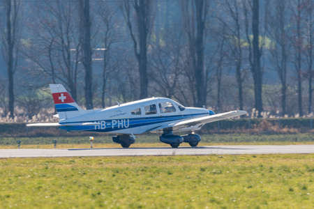 Saint Gallen, Altenrhein, Switzerland, February 12, 2022 Piper PA28-181 Archer II propeller plane is...