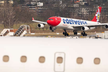 Zurich, Switzerland, February 24, 2022 Edelweiss Air Airbus A340-313 aircraft is arriving on runway...