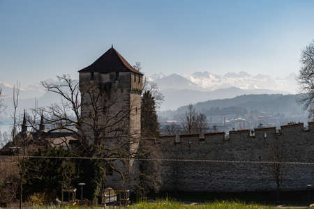 Lucerne, Switzerland, March 10, 2022 Historic old Musegg wall and tower in the city center