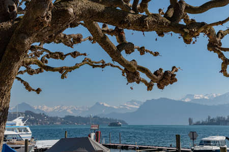 Lucerne, Switzerland, March 10, 2022 View over the lake of Lucerne with the majestic alps in the...