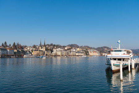 Lucerne, Switzerland, March 10, 2022 Terrific view over the lake of Lucerne on a clear blue sky day